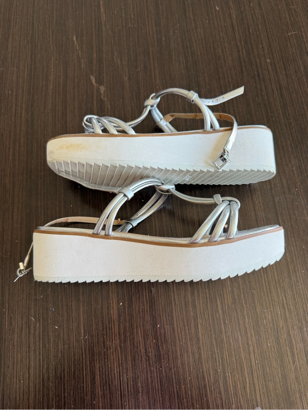 SCHUTZ Metallic Silver Knotted T-Strap Sandals - Picture 3 of 11